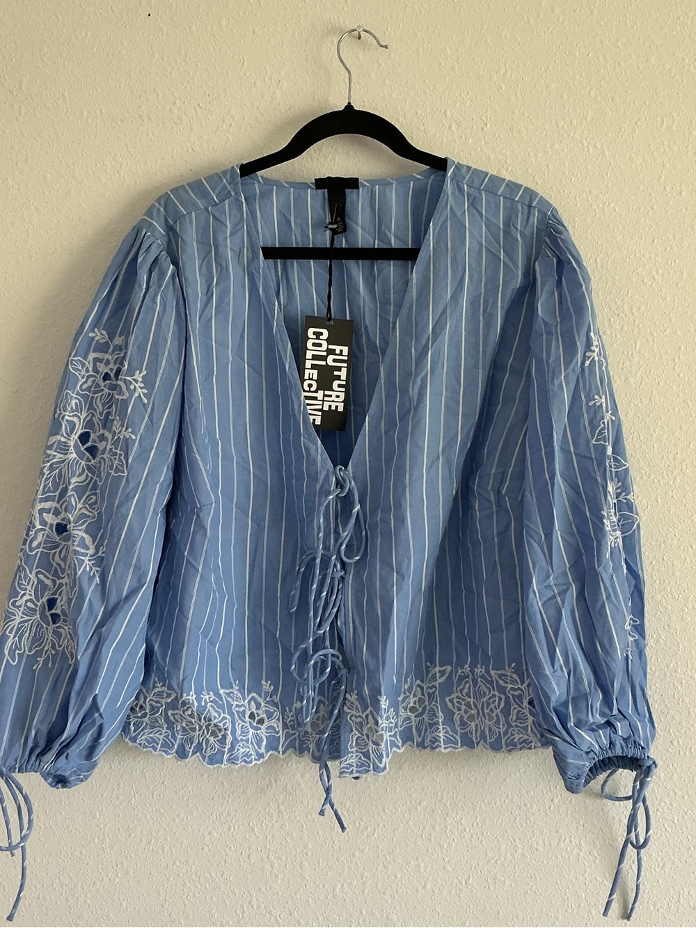 Future Collective Blue Striped Embroidered Tie-Front Blouse